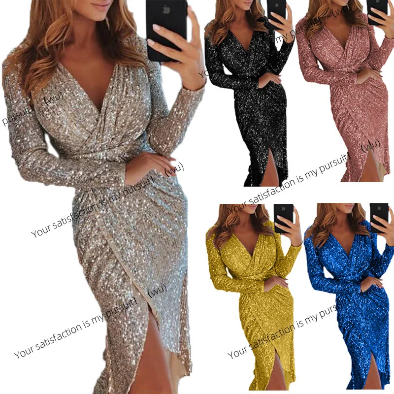 

ZOCI-Women's bronzing long-sleeved V-neck shiny dress dinner party sexy dress