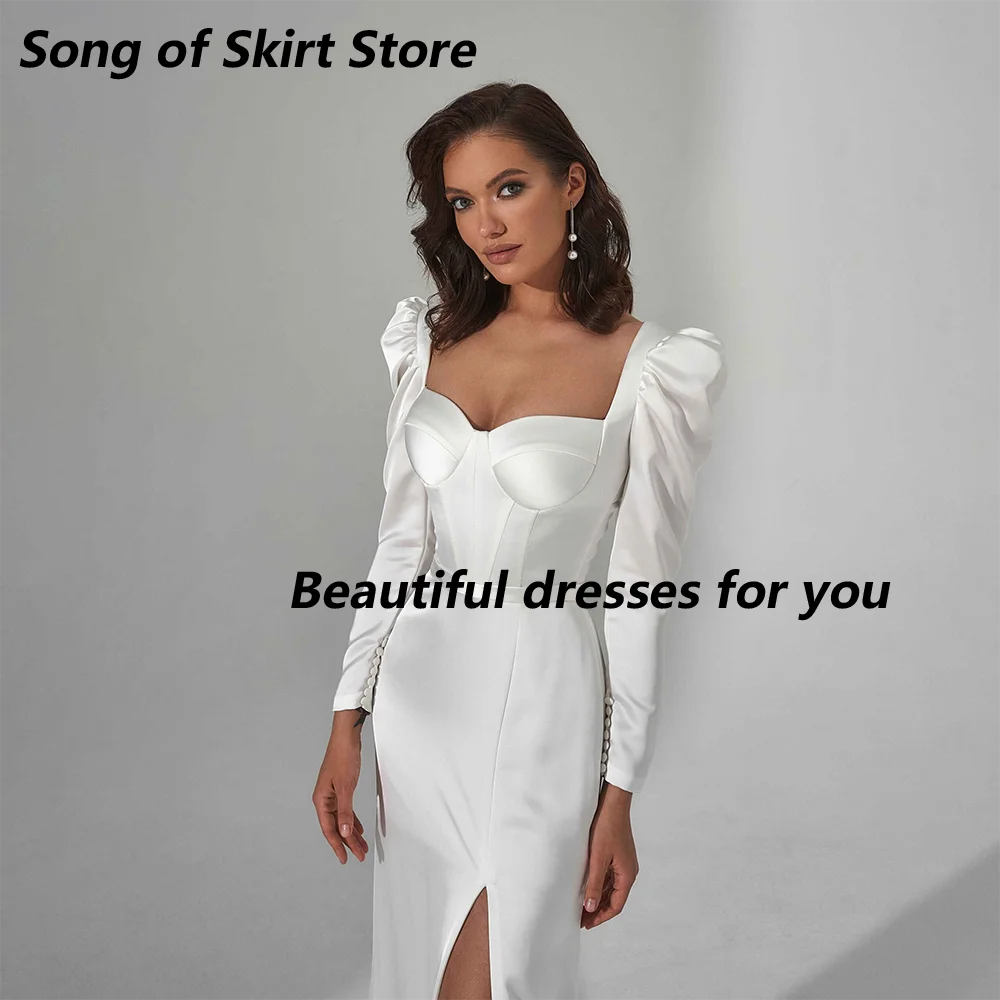 فستان زفاف أنيق من الساتان الناعم برقبة على شكل قلب وأكمام طويلة وفتحة جانبية للشاطئ باللون الأبيض مشد فستان زفاف رداء De Mariee مخصص #3