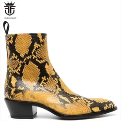 New Arrival Fashion mens botas snakeskin print leather boots zip yellow snake booties party shoes point toe men runway boots