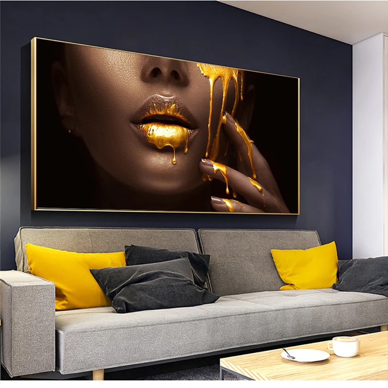 

Black Women Face with Golden Liquid Canvas Paintings on The Wall Posters and Prints Cuadros Pictures for Living Room Decoration