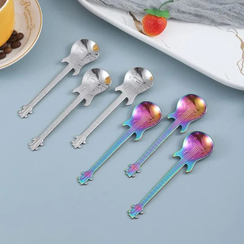 3pcs Stainless Steel Guitar Shaped Love Coffee Spoon Teaspoon Children Spoon New Beautiful 3 Colors Coffee Tea Use Kitchen Spoon