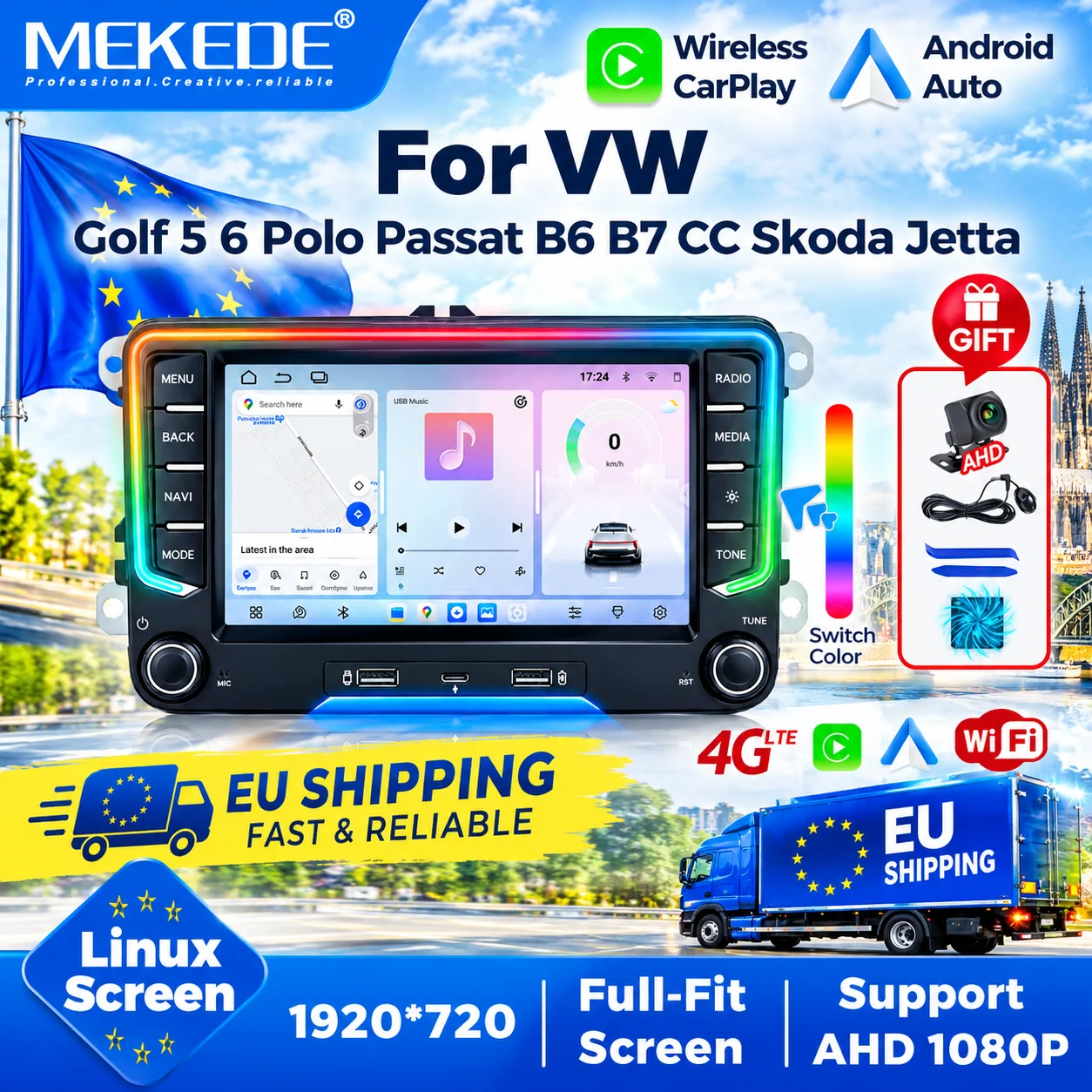 MEKEDE EU Store, autoradio Android con processore octa-core, 4 GB di RAM e 64 GB di memoria, connettività 4G LTE, CarPlay wireless, Android Auto, display IPS, lettore multimediale per auto,