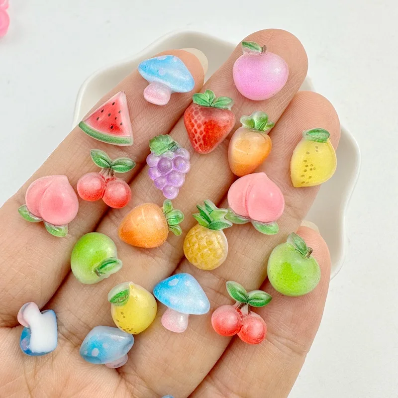 50Pcs New Cute Resin Mini Strawberry, Cherry, Mushroom Series Flat Back Manicure Parts Embellishments For Hair Bows Accessories