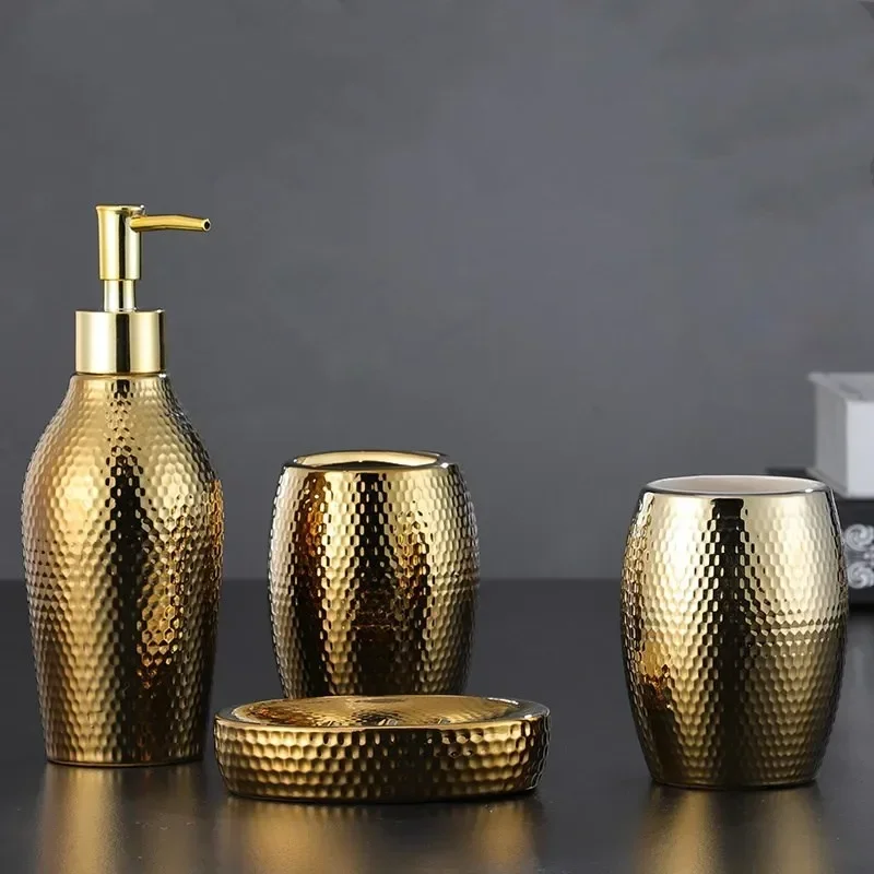 

Ceramic Bathroom Accessory Set Golden Soap Dispenser Pump Bottle Toothbrush Holder Couple Mouthwash Cup Soap Dish Washing Tools