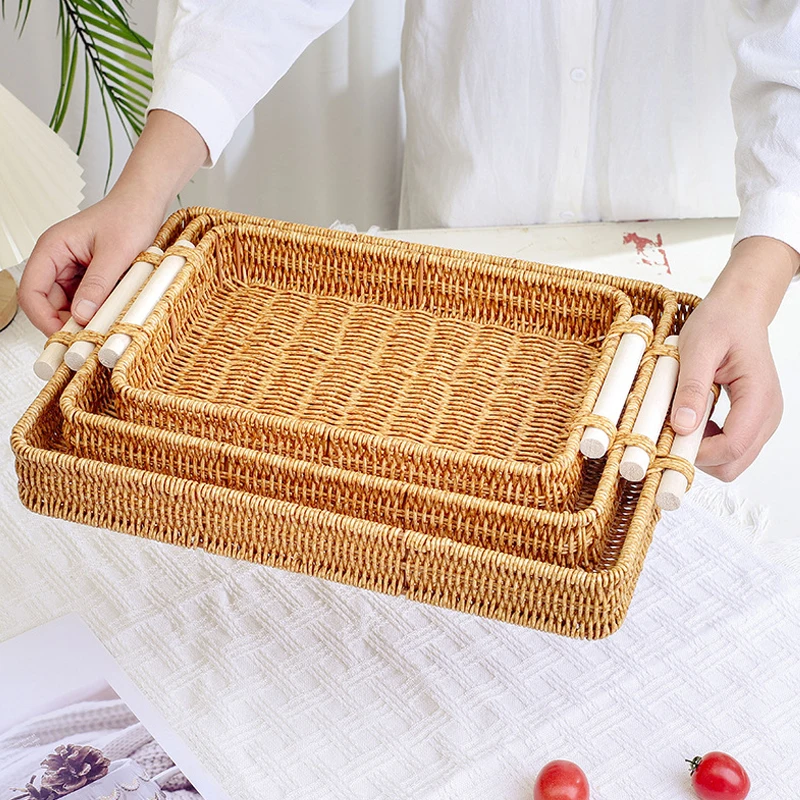 Natural Rattan Foods Tray With Handles Picnic Bread Snack Plate Fruit Cake Sundries Box Handwoven Rattan Saucer Storage Baskets