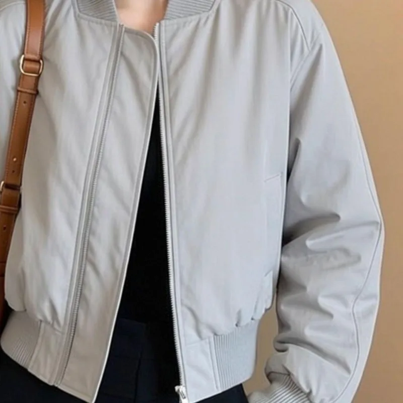 Women's Minimalist Casual Zip Up Baseball Bomber Jacket Cropped Long Sleeve 2026 Autumn Commute Workwear Slim Fit Bright Color view 4