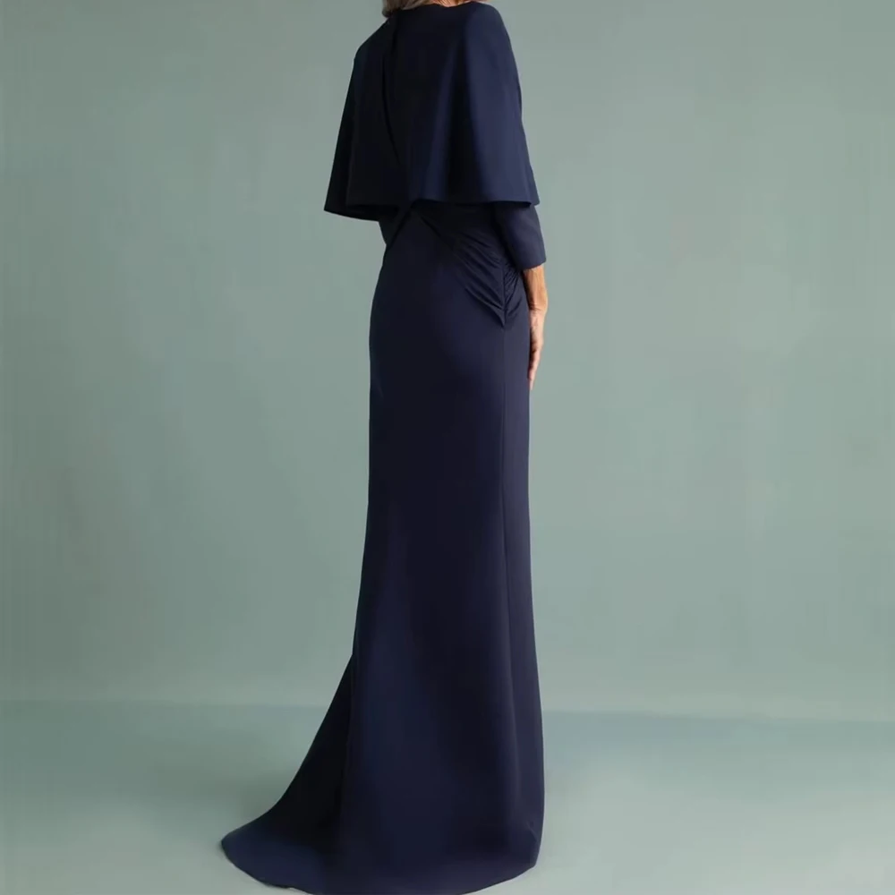 Customized Long Crepe Pleated Mother of the Bride Dresses Mermaid Navy Zipper Watteau Train  Wedding Party Dresses