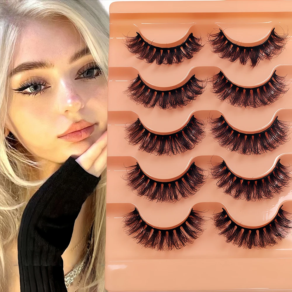 5 par sztucznych rzęs w stylu europejskim i amerykańskim z efektem kreskówkowym w kształcie litery C, zapewniających gęstotę i objętość rzęs w stylu amerykańskim.