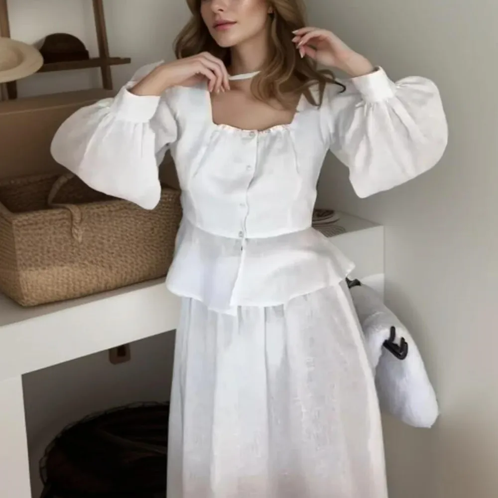 Holiday White Full Puff Square Collar Open Button Shirt Women Elastic Waist Swing A-lined Maxi Long Skirt  2 pieces 1 Set