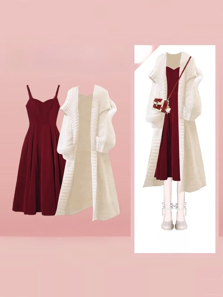 

Red Sexy Strap Dress Sweater Coat Autumn Fashion Set for Rich Girls New Year Battle Armor Elegant Lady Style Party Wear