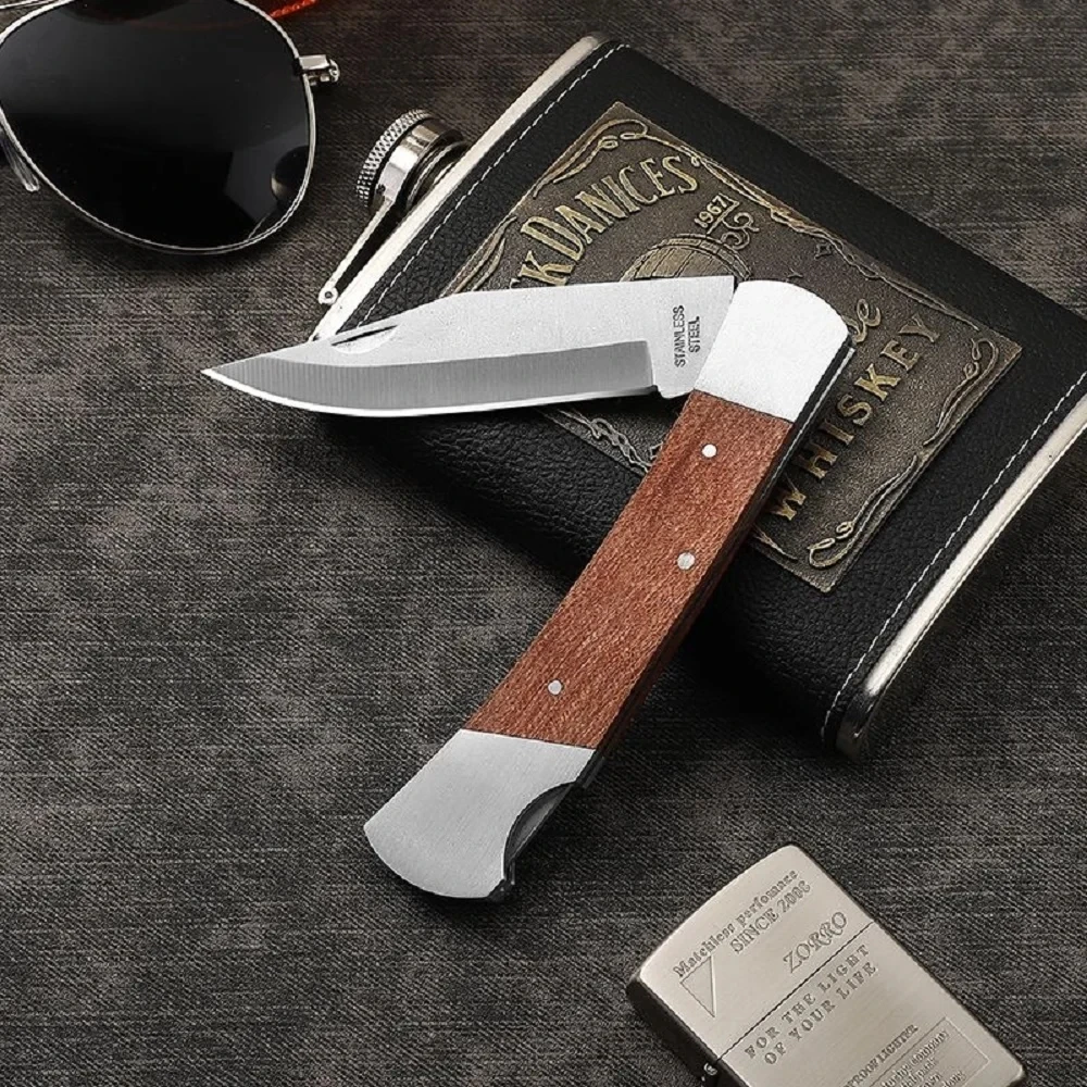 1pc，Household folding fruit knife, outdoor camping small mahogany handle knife, stainless steel portable folding knife