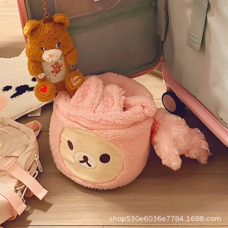 Kawaii Rilakkuma Bear Cartoon Fashion Beautiful Plush Cosmetic Bag Zipper Handbag Japan Cute Large Capacity Travel Storage Bag