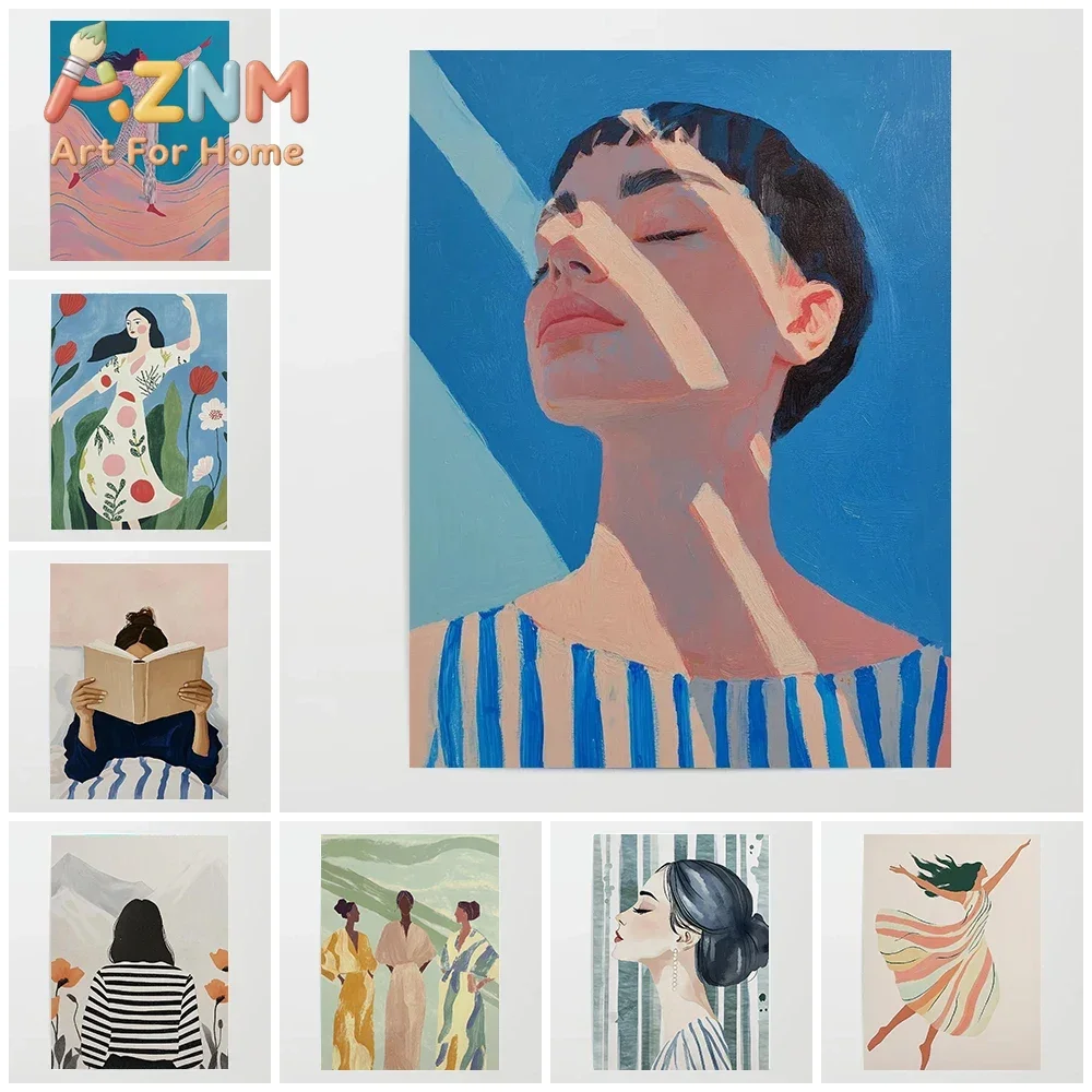 1pc Frameless Canvas Painting Abstract Niche Art Striped Girl Painting Portrait Poster Canvas Printing Home Living Room Bedroom