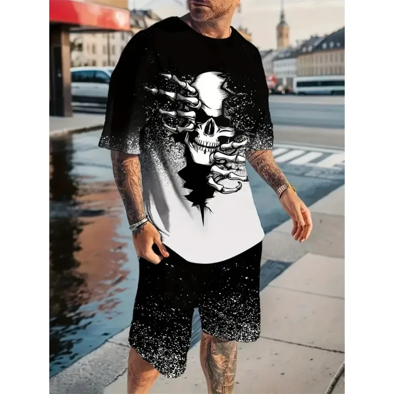 2025 Summer Men's Short sleeved Shorts Set Men's Skull Print Set Hot Vacation Casual T-shirt Outdoor Street Shorts 3D