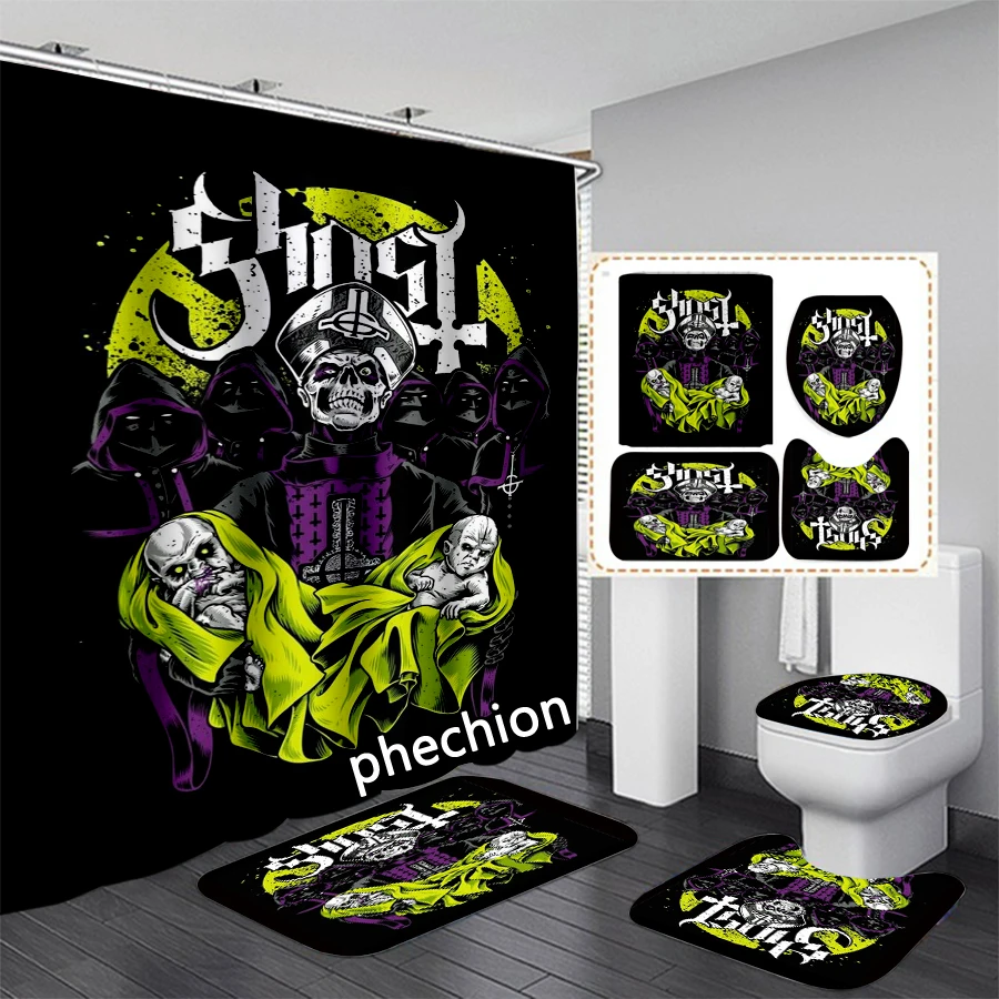 phechion Ghost Band 3D Print Shower Curtain Waterproof Bathroom Curtain Anti-slip Bath Mat Set Toilet Rugs VR331