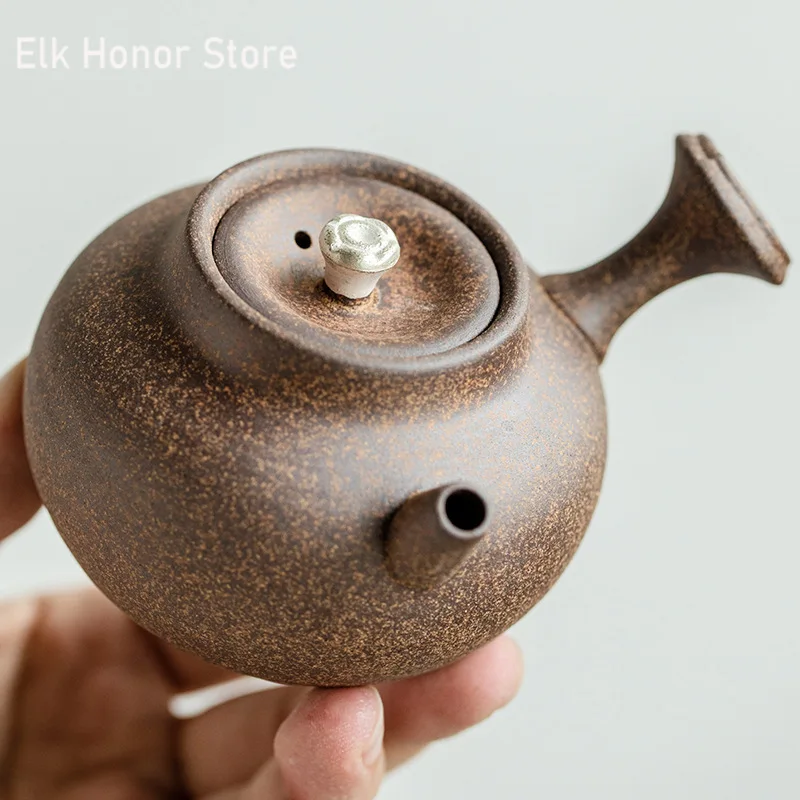 100ml Pure Handmade Silver Rough Pottery Teapot Retro Side Handle Pot Tea Soaking Kettle with Strainer Tea Ceremony Accessories