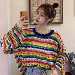 Rainbow Ladies Sweater Kawaii Tops with Headings Harajuku Crochet Knitted Sweaters for Women Cute Cashmere Autumn 2024 Trend New