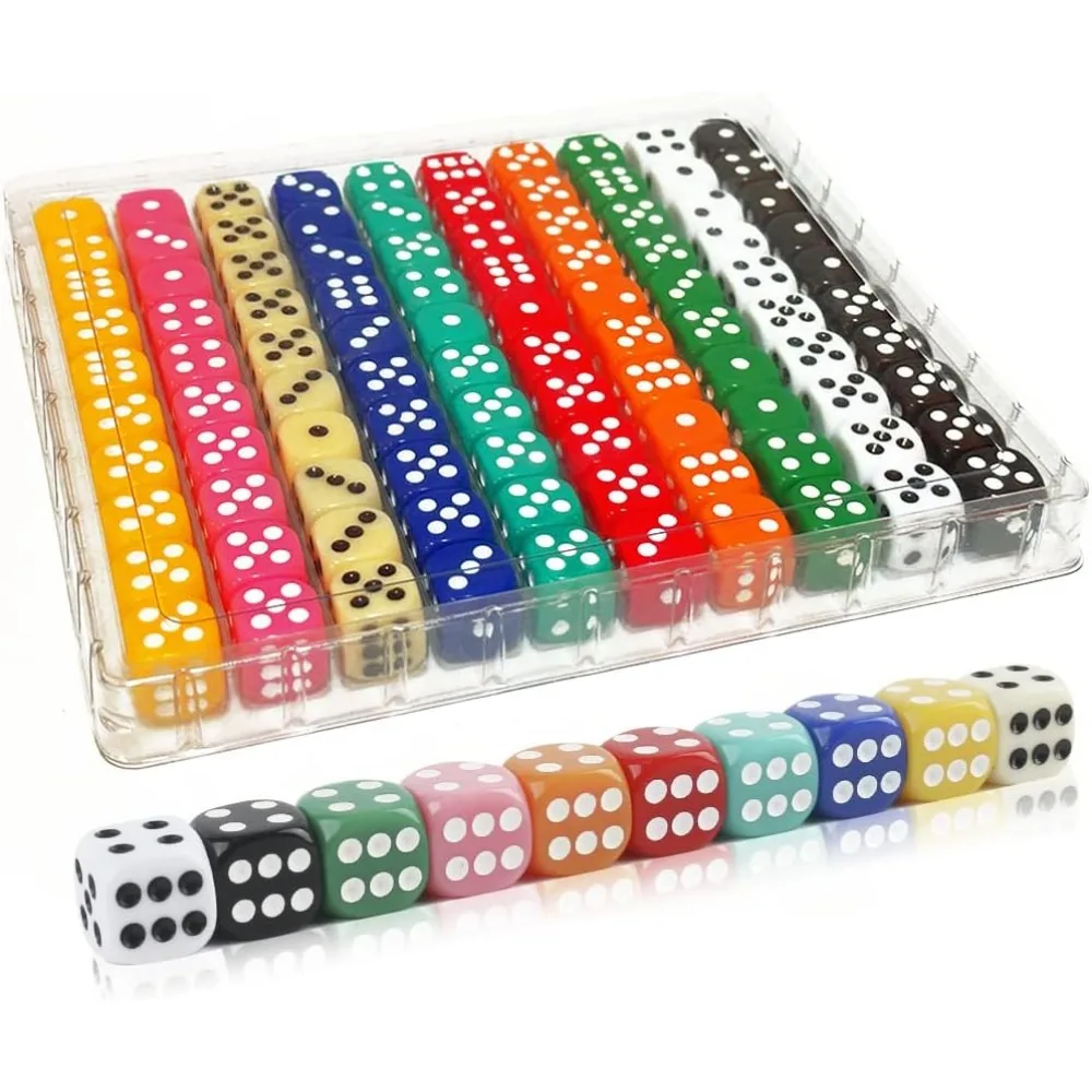 

Набор из 100 двухсторонних цветных кубиков диаметром 16 мм в пластиковой коробке, 10 цветов для игр.