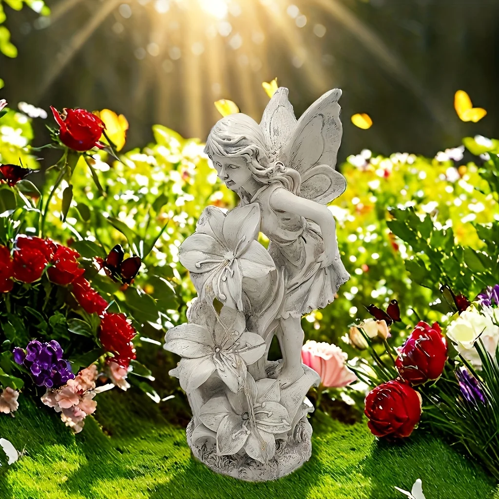 Outdoor Garden Solar Statue Light, Solar Fairy Garden Statue Light, Solar Powered Resin Garden Fairy Angel Statues, Outdoor Resin Fairy Statue with Flower Decorative Light, for Outside Patio Lawn Home Decor