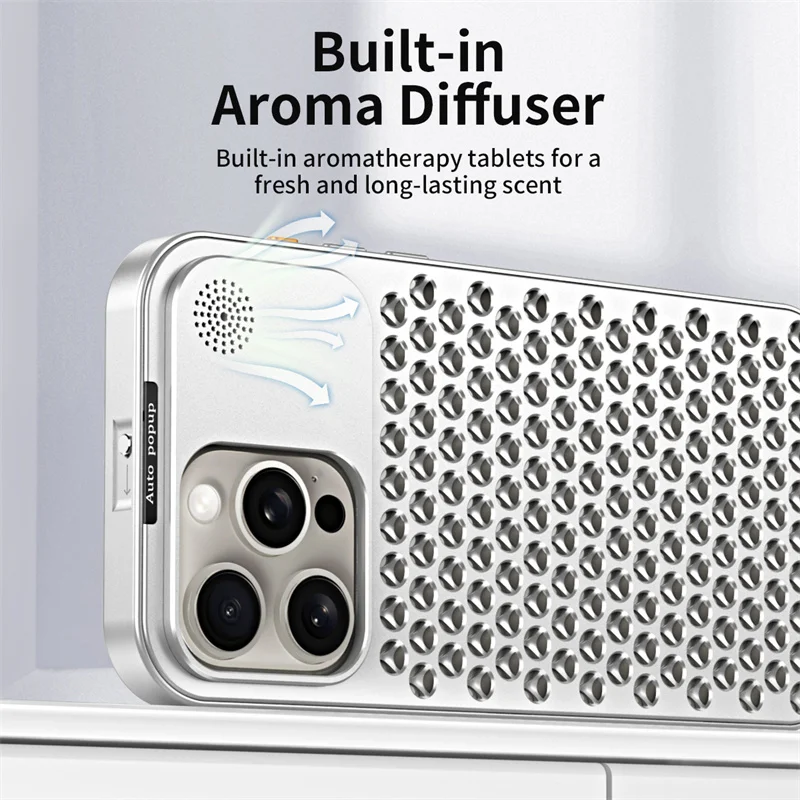 Metall-Aluminium-Hohl-Kühl-Handyhülle für iPhone 14 13 12 16 Pro Max 15 16 Plus, Aromatherapie-Diffusor, abnehmbare hintere Abdeckung