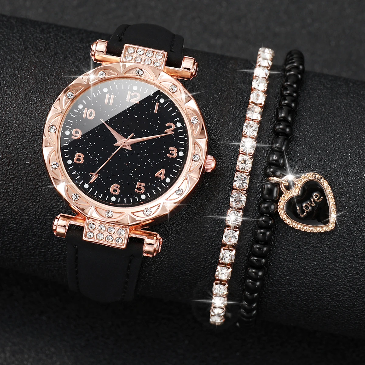 3 sztuk/zestaw moda Rhinestone damski zegarek na co dzień skórzany pasek analogowe zegarki kwarcowe zestaw bransoletek