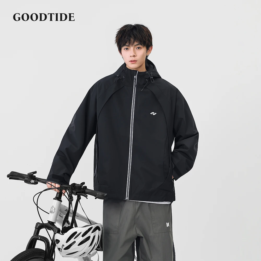 

Men's Casual Zip Hooded Jacket Windproof Waterproof Outdoor Outerwear Reflective Zipper Embroidered Logo Long Sleeve Coat Top