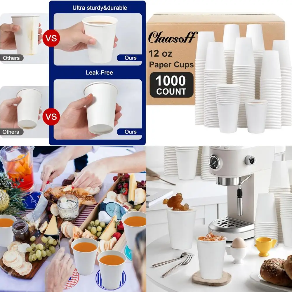 

Одноразовые кофейные чашки на 12 унций, упаковка по 1000 штук, утолщенные белые бумажные стаканчики для горячих или холодных напитков, идеально подходят для дома, офиса, вечеринок и