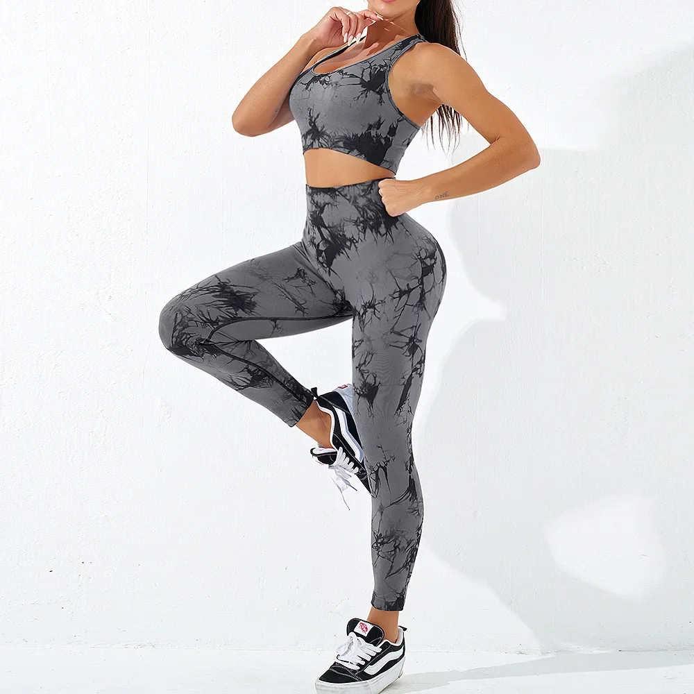 High Waist Seamless Sports Gym Yoga Bra Pants Leggings Set Tie Dye Yoga Suit Exercise Running Fitness Women Workout Tights Set