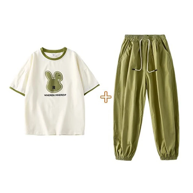 5 6 8 10 12 14 Years Summer Girls Clothing Sets Cute Rabbit Tops + Pants 2Pcs Outfits Kids Tracksuit Teenagers New Kids Clothes