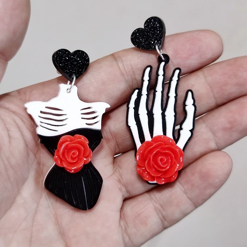 KUGUYS Halloween Bride Floral Skeleton Dangle Earrings for Women Gothic Wedding Jewelry Macabre Party Gift Accessories