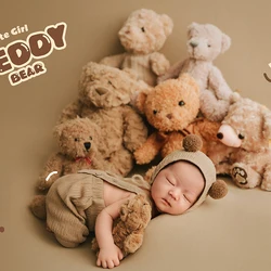 Newborn Photography Bear Doll Props Cute Bear Hat + Overalls 2pcs/Set Baby Photo Costume Soft Backdrop Studio Shoot Accessories