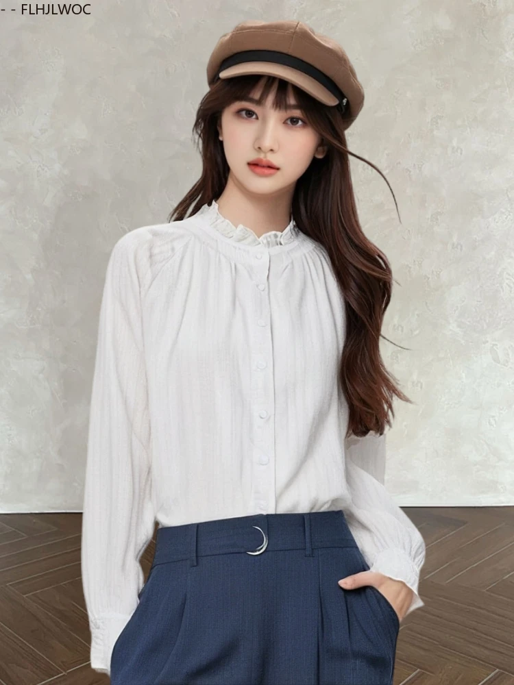 

Cute Cotton Tops Blouses Japan Style New Autumn Woman Spring Long Sleeve Retro Vintage Stand Collar Ruffles Basics White Shirts