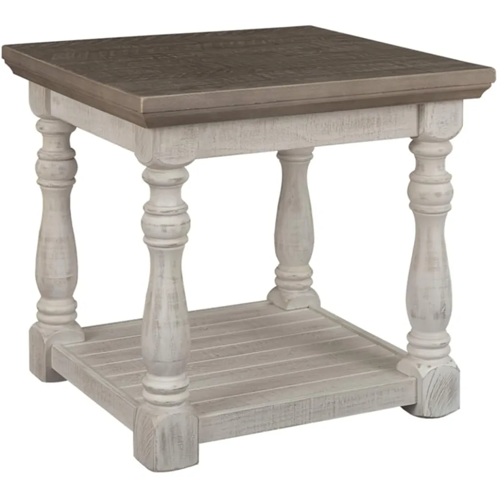 The iconic design of the square coffee table with floor shelves, retro gray and white, and a weathered finish