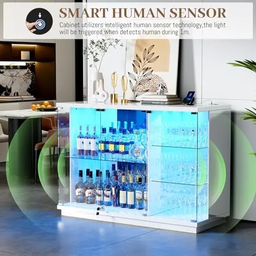 Glass Display Cabinet with Lock & LED Light, High Gloss Sideboard with Motion Sensor & Glass Shelves, Curio Cabinet for view 5