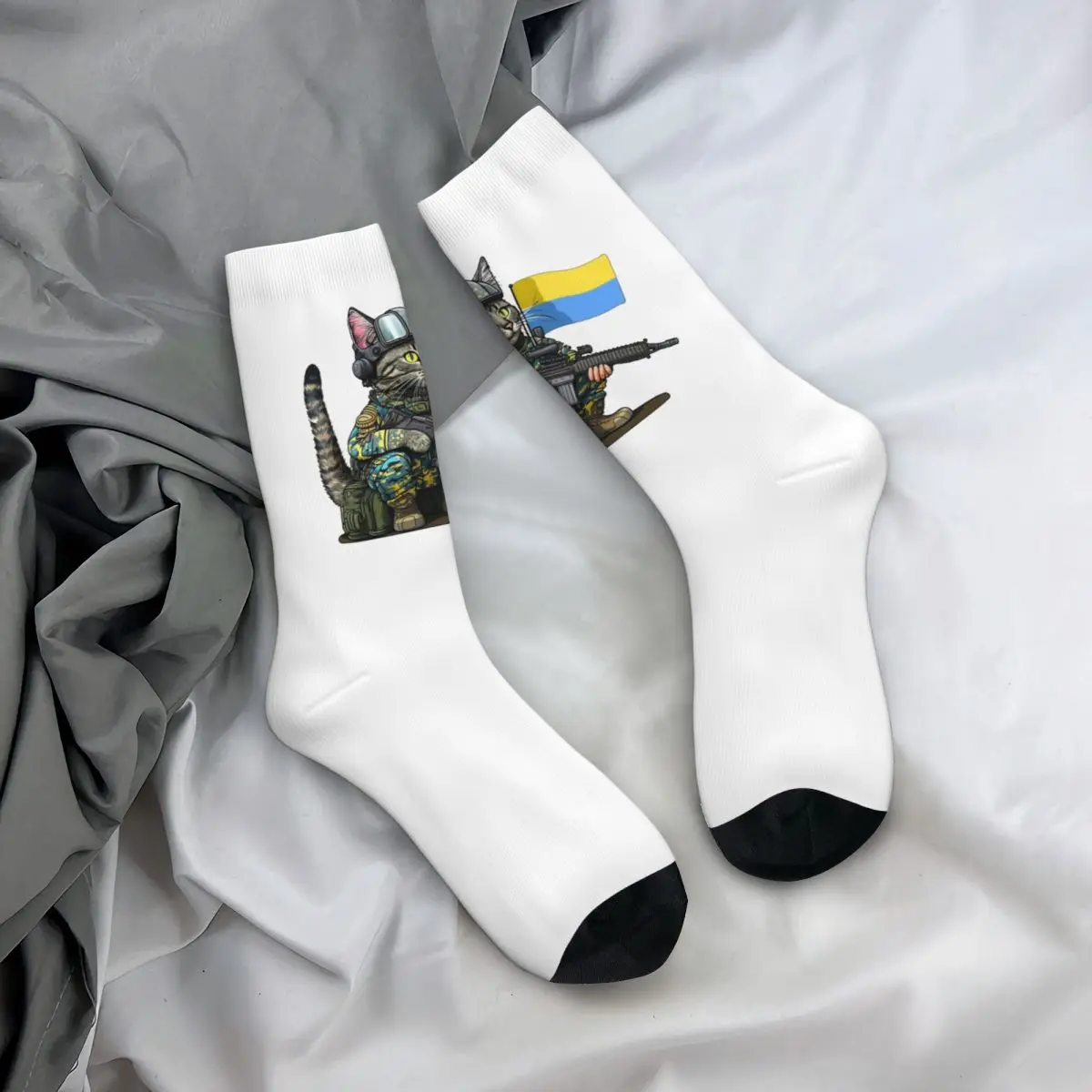 Hip Hop Cat With Flags In The War Crazy Socks Unisex Ukrainian Soldier Harajuku Pattern Printed Funny Novelty Happy Crew Sock