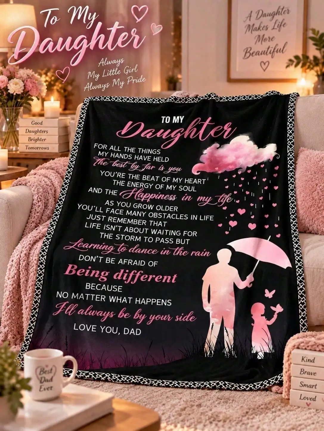 Daughter Parent Silhouette Flannel Blankets Umbrella Love Sofa Throw Bed Home Decor Bedroom Living Room Halloween Thanksgiving Christmas Anniversary Birthday Housewarming Guestroom Lounge Apartment Reading Nook Travel Nap Gift for Family Friends