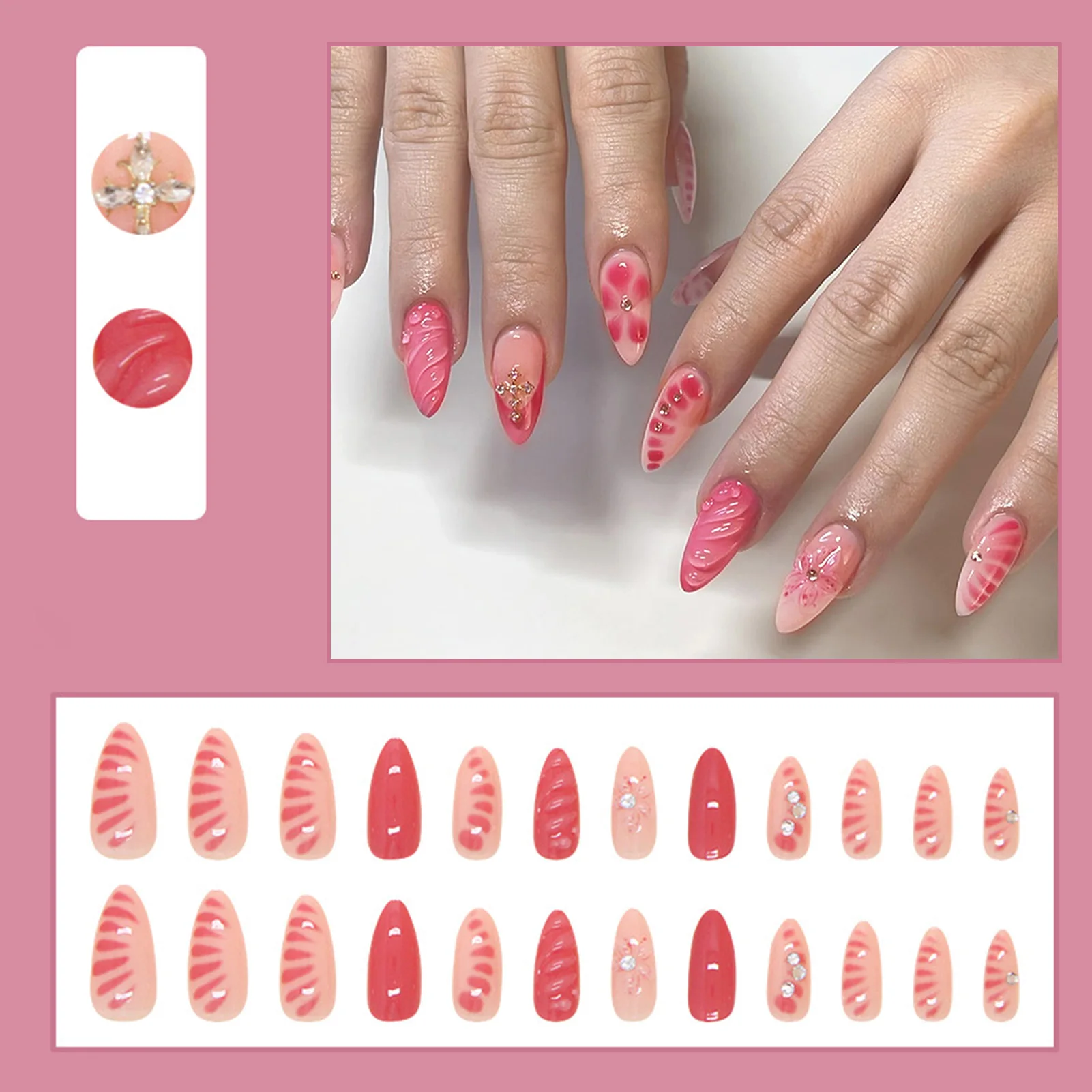 Almond Fake Nails with Flower Decor Irregularly Symmetrical Rhinestone Almond Nails for Stage Performance Wear