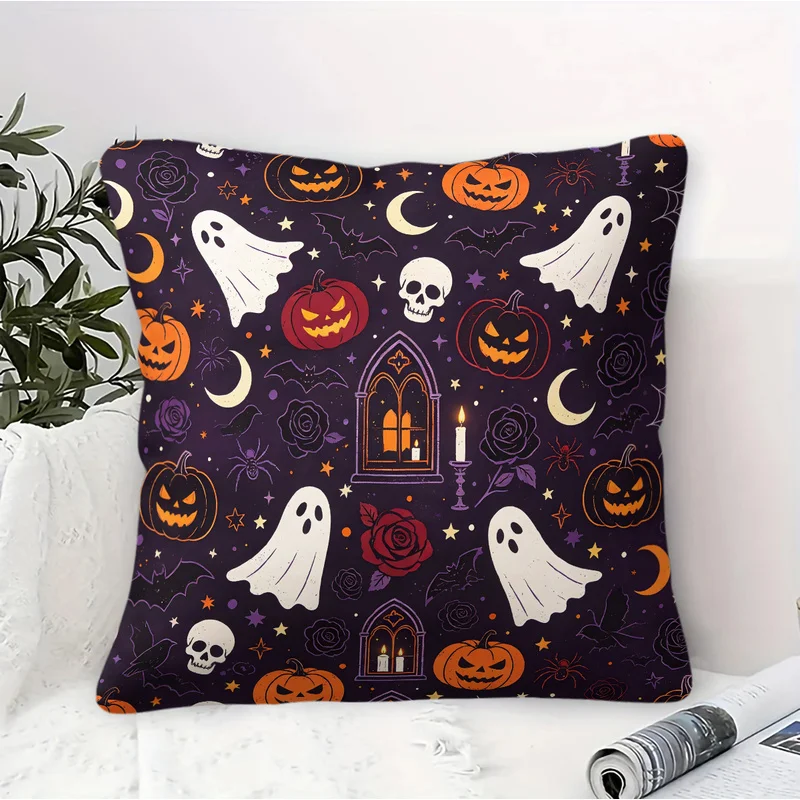 45x45cm-1Pc Halloween Microfiber Square Throw Pillow(With Pillow Insert),Skin-Friendly,Cartoon Spooky Ghost Pumpkin Skull Print