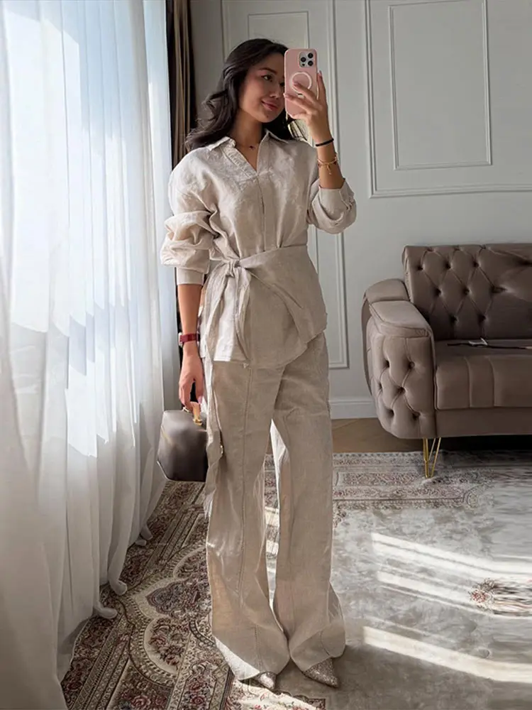 

Casual Linen Pants Set 2 Pieces Women Lace Up Lapel Buttons Shirt Wide Leg Pant 2026 Spring Summer Women's All-matching Outfits