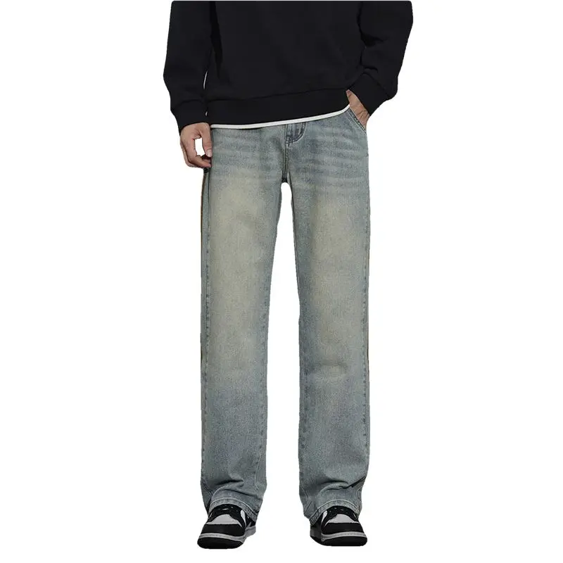 2025, nueva gran oferta, pantalones de pierna ancha gruesos para hombre, pantalones vaqueros informales de felpa lisos concisos, pantalones vaqueros de alta sociedad Retro ajustados para uso diario