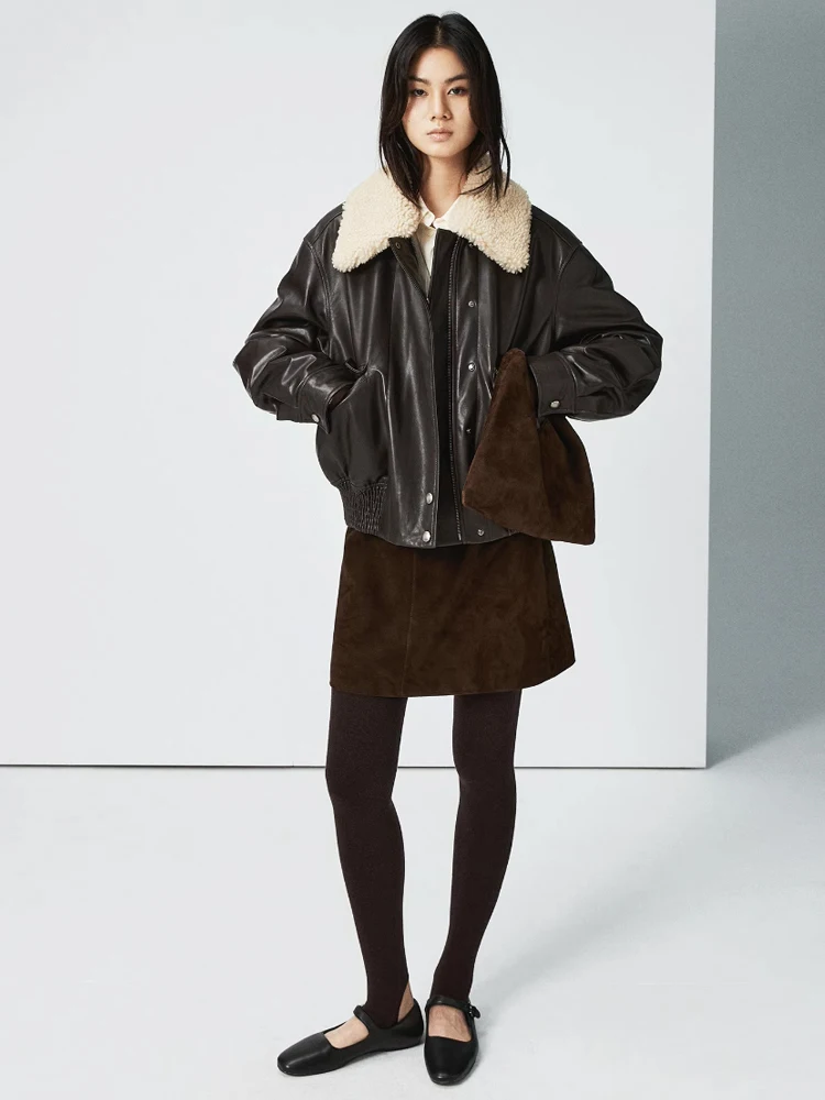 

Женское модное зимнее пальто из натуральной овечьей кожи с гусиным пухом, винтажный воротник из меха ягненка, теплая верхняя одежда на молнии