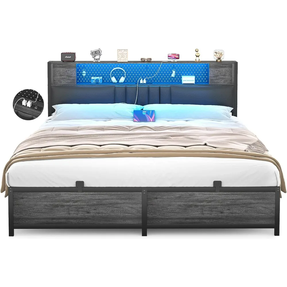 Bed Frame with LED Light & Power Outlet, Platform Bed with Upholstered Headboard and Storage Cabinet