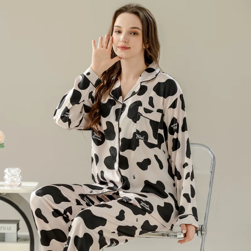 Women\'s Pajamas Sets Spring Autumn 2 Piece Cow Dot Print Pyjama Faux Silk Satin Sleepwear Long Sleeve Pijama Mujer Pjs Homewear