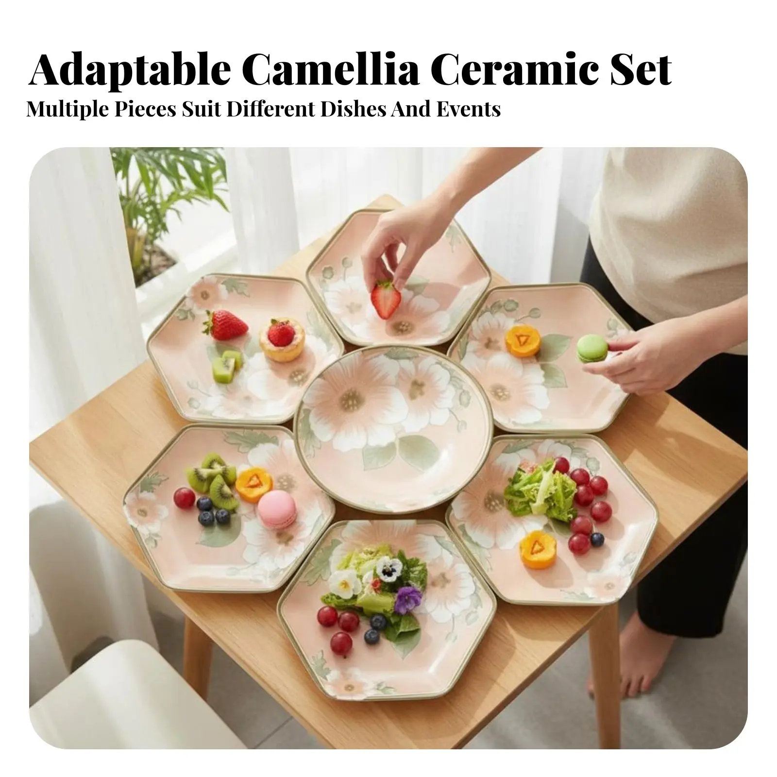 

Винтажный керамический набор посуды с камелиями, художественные тарелки и миски с цветочным узором, домашняя столовая посуда, элегантный дизайн