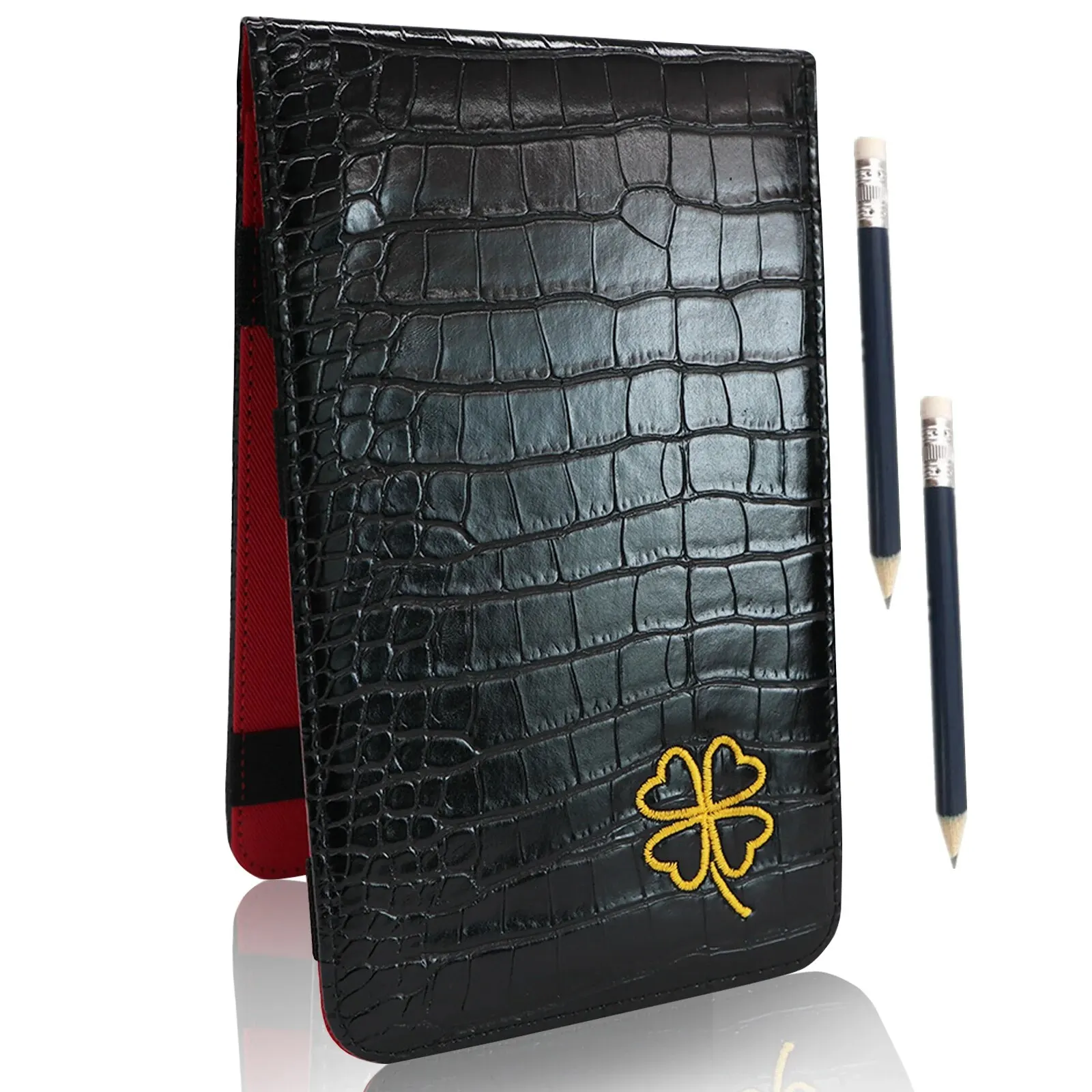 Golf Scorecard Holder Leather Lucky Clover Yardage Books Cover with 2 Pencils,Deluxe Pocket Score Card Cover Gift Pack