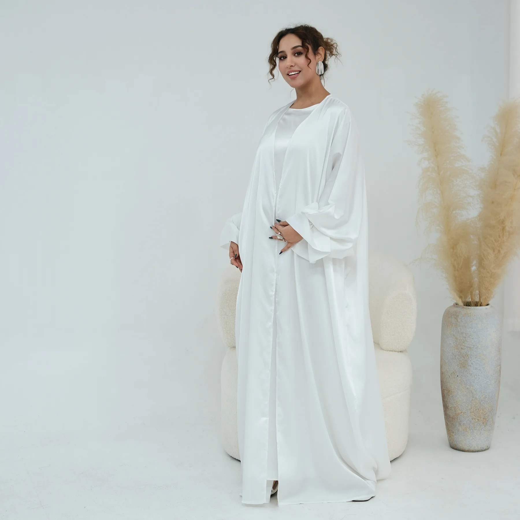 

2026 Dubai Muslim Satin Abaya for Women Open Front Cardigan Jalabiya Kimono Ramadan Dress Loose Caftan Party Long Robe Vestidos