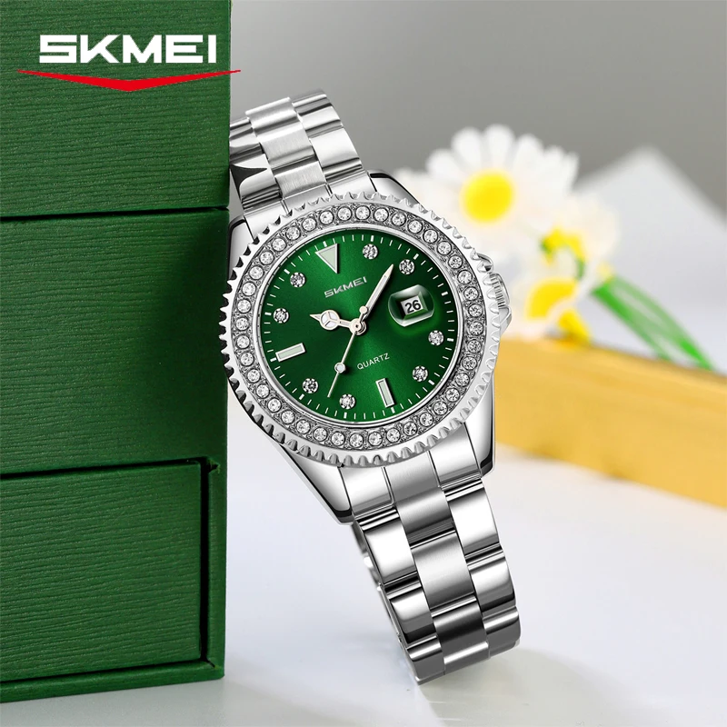 SKMEI 9416 Luxury Women Fashion Clock Date Diamond Measure Dial Quartz Watch Date Female For Birthday Anniversary Wristwatch