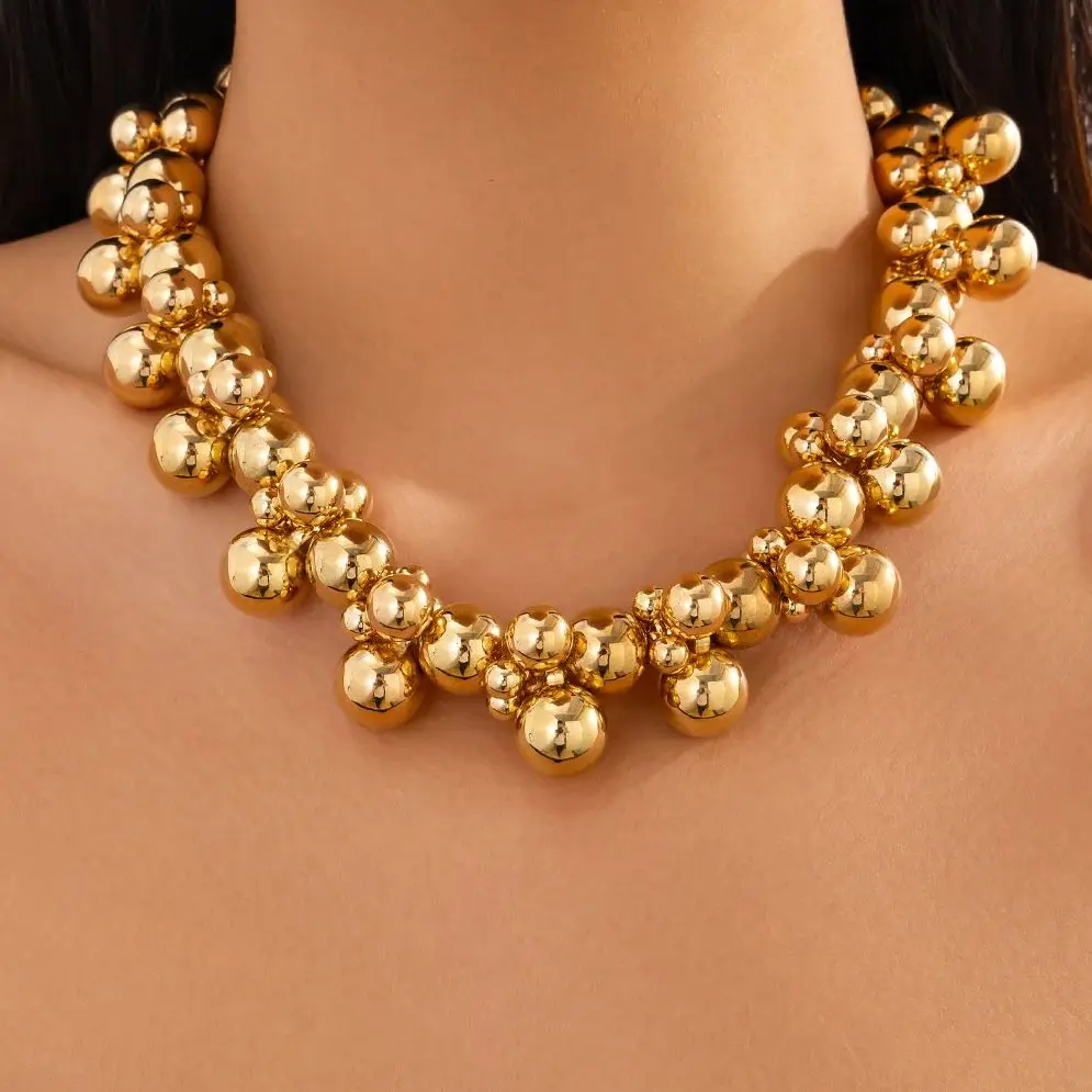 

PuRui Ethnic Double-layer Gold Color CCB Plastic Beads Necklace Women Luxury Round Beads Necklace Banquet Jewelry Accessories