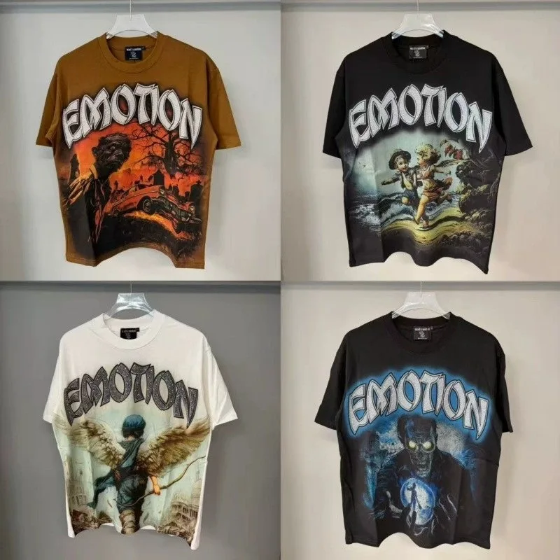 Mixed Emotion American-style high street retro trend diamond-studded letter-style loose-fitting casual couple T-shirt