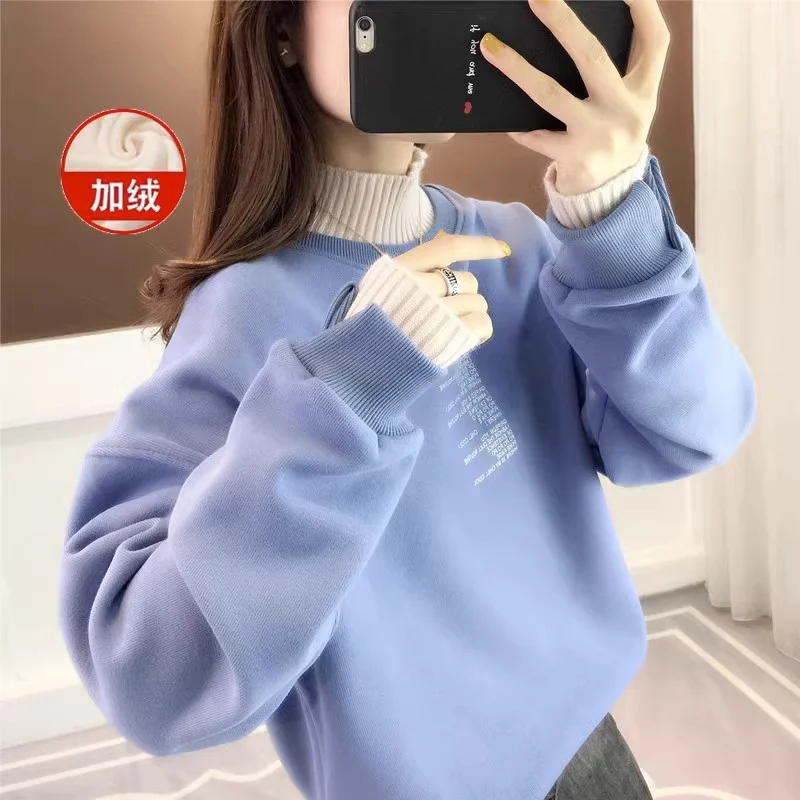 Sportshirt Fake Two-Piece Plush Thicken Women's Hoodie Oversized Women's Sportshirt 2024 New Autumn Winter Popular Chubby MM Top